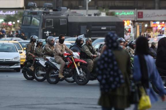 Iranian riot police and plainclothesmen on their typical bikes in Tehran, on Oct. 3, 2022