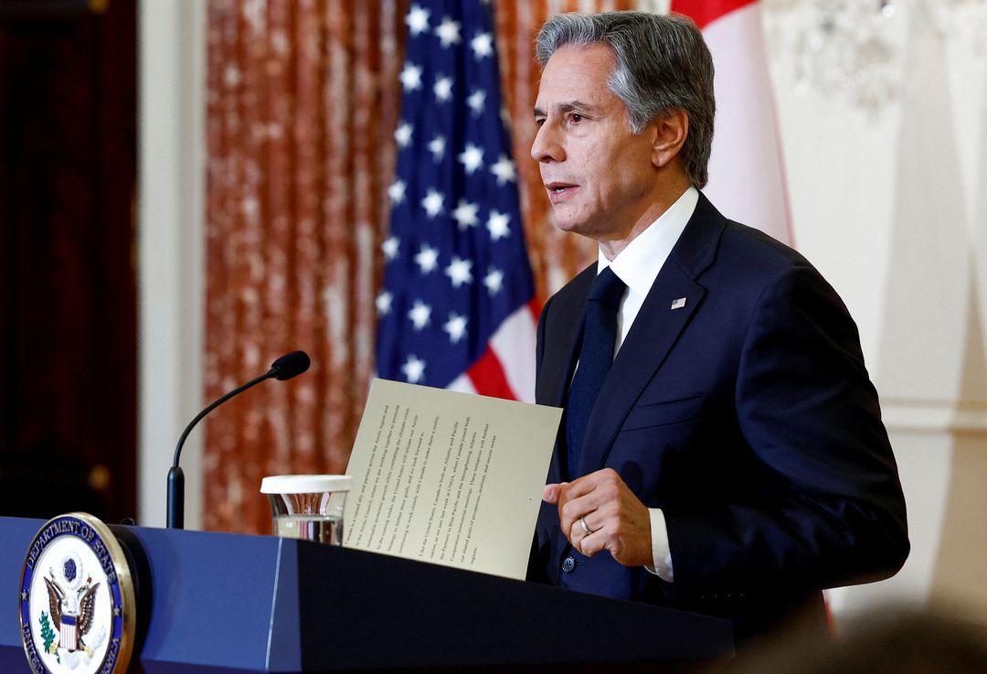 Secretary of State Antony Blinken speaks during a joint news conference with Canadian Foreign Minister Melanie Joly, at the State Department in Washington, September 30, 2022.