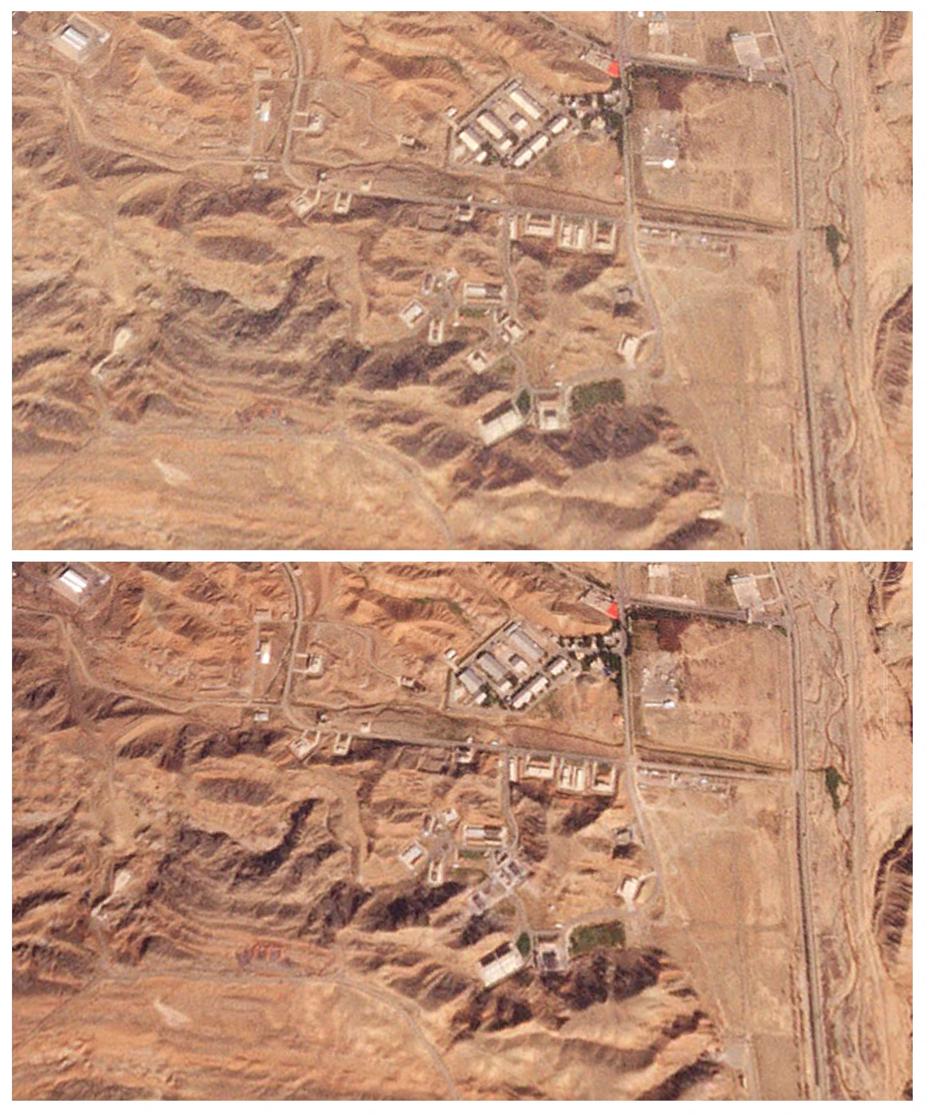 A combination of satellite images shows Parchin rocket motor casting facility near Teheran, Iran October 24, 2024, and the same facility on October 26, 2024, in an aftermath what an American researcher said was an Israeli airstrike hitting a building that was part of Iran's defunct nuclear weapons development program. 