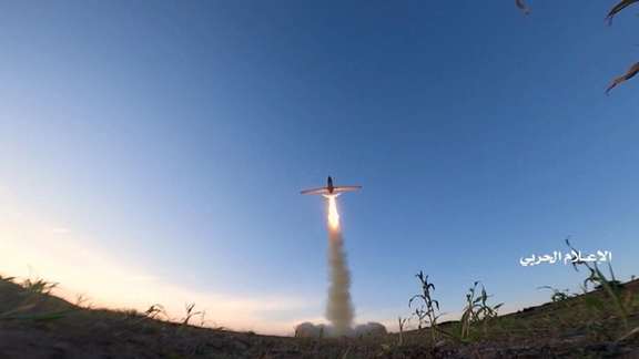 A Houthi drone being launched in February 2022