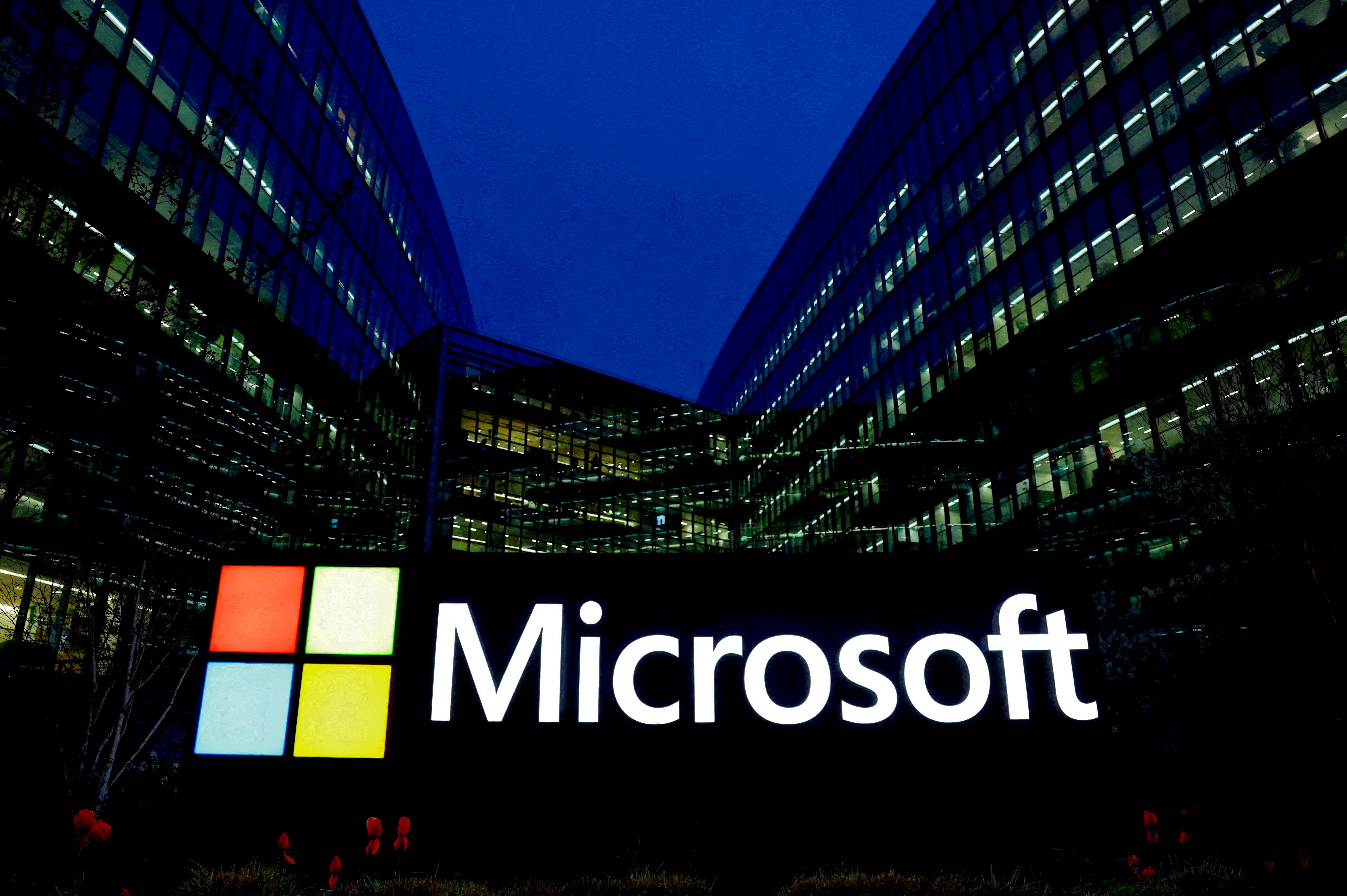  A view shows a Microsoft logo at Microsoft offices in Issy-les-Moulineaux near Paris, France, March 25, 2024.