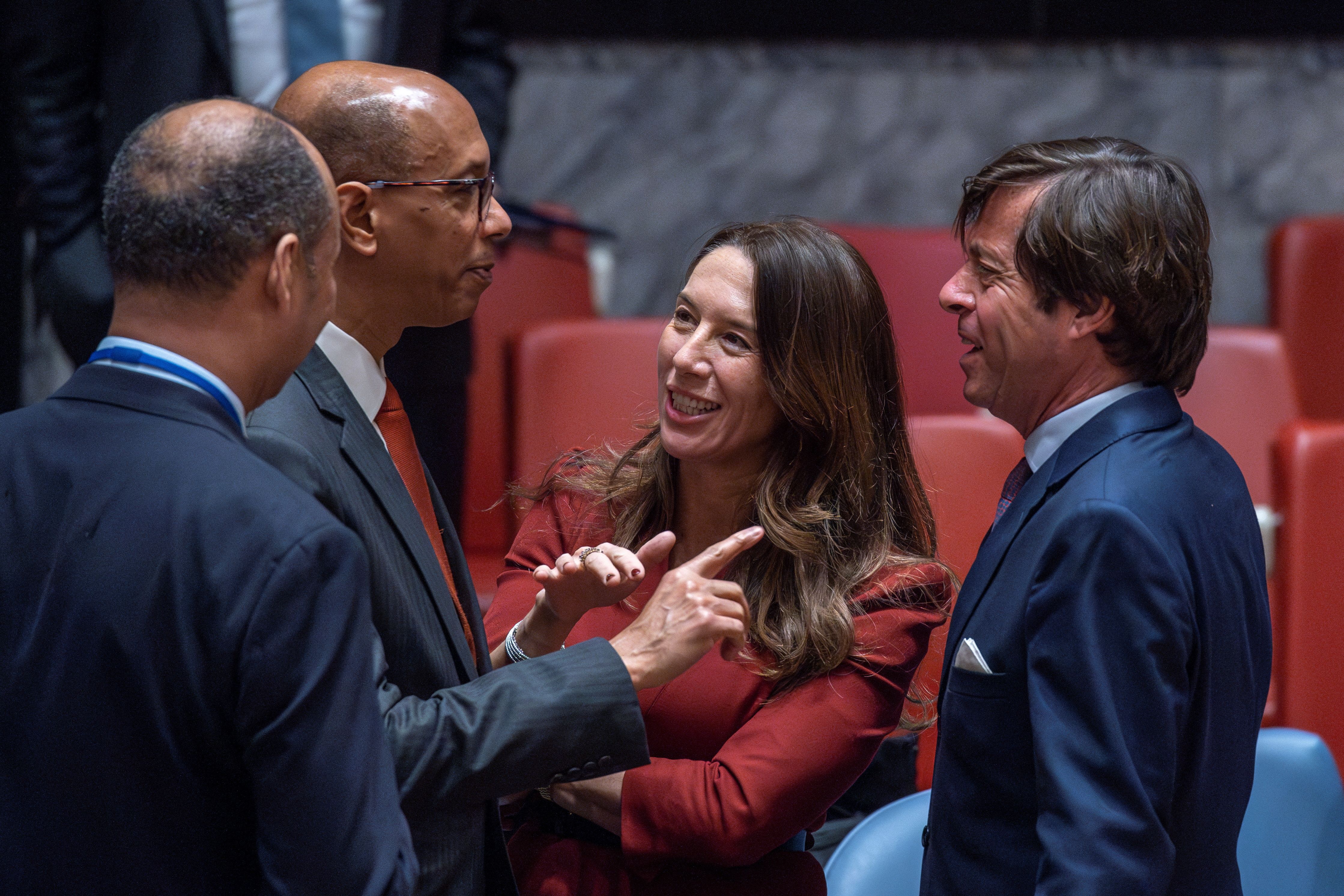 French, Maltese, US and UK diplomats talk before the UN Security Council meeting on April 2, 2024.