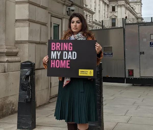 Roxxane Tahbaz, daughter of Morad Tahbaz held hostage in Iran outside the Foreign Office. April 13, 2022.