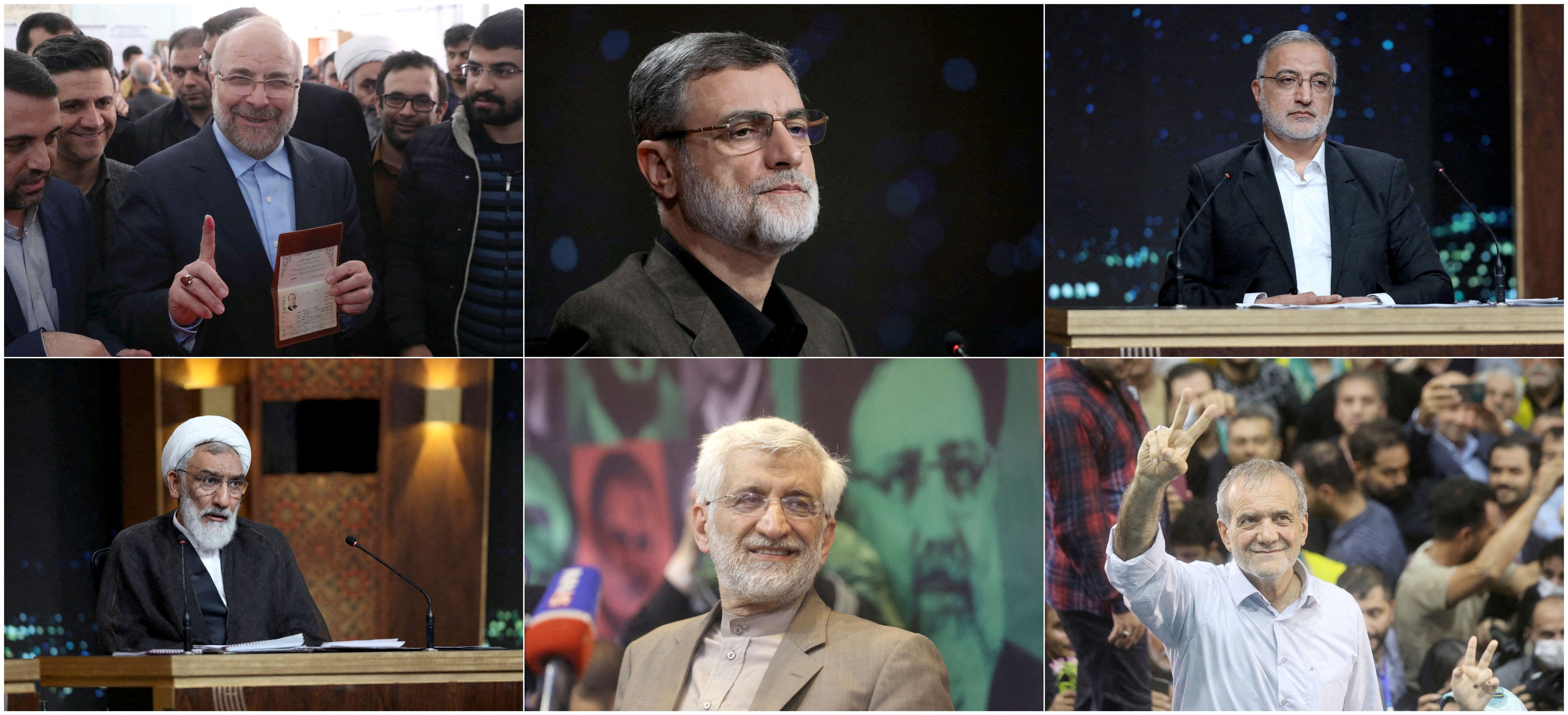 Combination picture shows Iranian presidential candidates Mohammad Baqer Ghalibaf, Amir Hossein Ghazizadeh Hashemi, Alireza Zakani, Mostafa Pourmohammadi, Saeed Jalili and Masoud Pezeshkian in Tehran, Iran.  