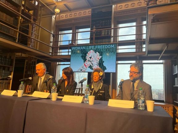 (Left to right) Prince Reza Pahlavi, Nazanin Boniadi, Masih Alinejad, Hamed Esmaeilion