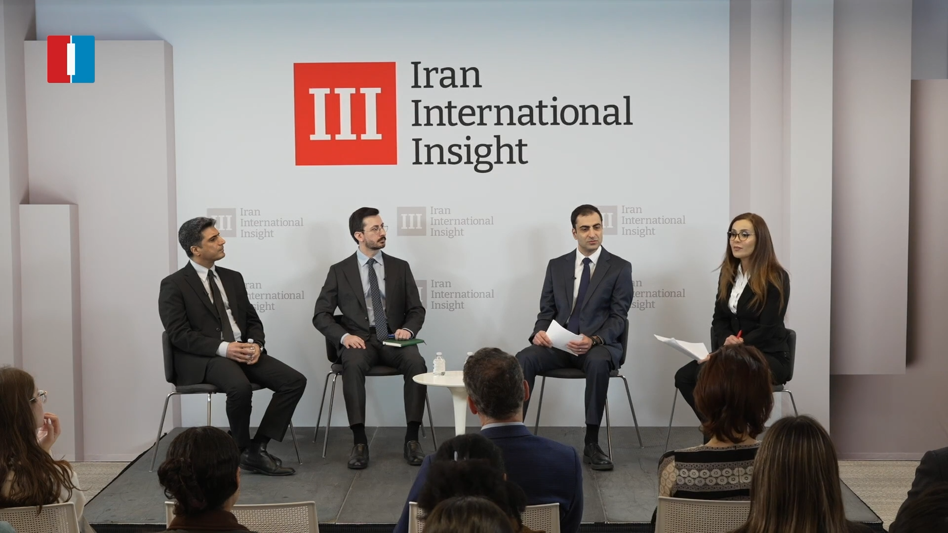 From right: Gelareh Hon, Bozorgmehr Sharafeddin, Mohammad Machine-chian and Mohammad Ghaedi at Iran International Insight event in DC, February 18, 2026