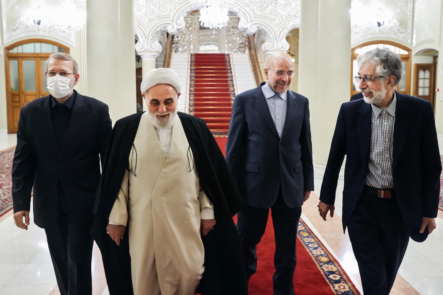 Former parliament speakers Ali Larijani (left), Ali Akbar Nategh-Nouri (2nd left), Gholam-Ali Haddad-Adel (right) and incumbent Mohammad-Bagher Ghalibaf during a meeting in April 2023 