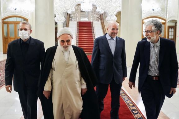 Former parliament speakers Ali Larijani (left), Ali Akbar Nategh-Nouri (2nd left), Gholam-Ali Haddad-Adel (right) and incumbent Mohammad-Bagher Ghalibaf during a meeting in April 2023