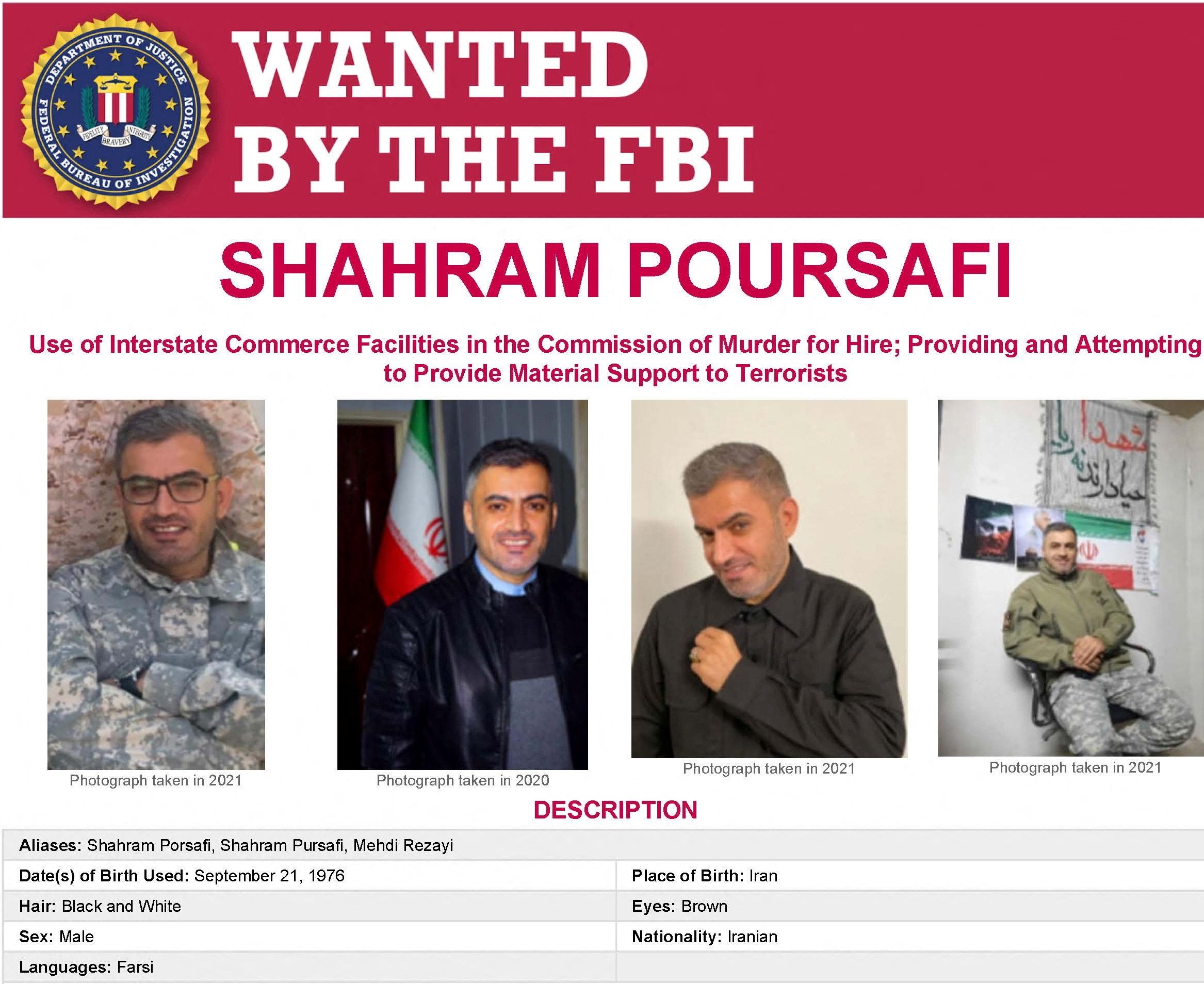 FBI poster of Shahram Poursafi wanted for plot to kill John Bolton. August 10, 2022