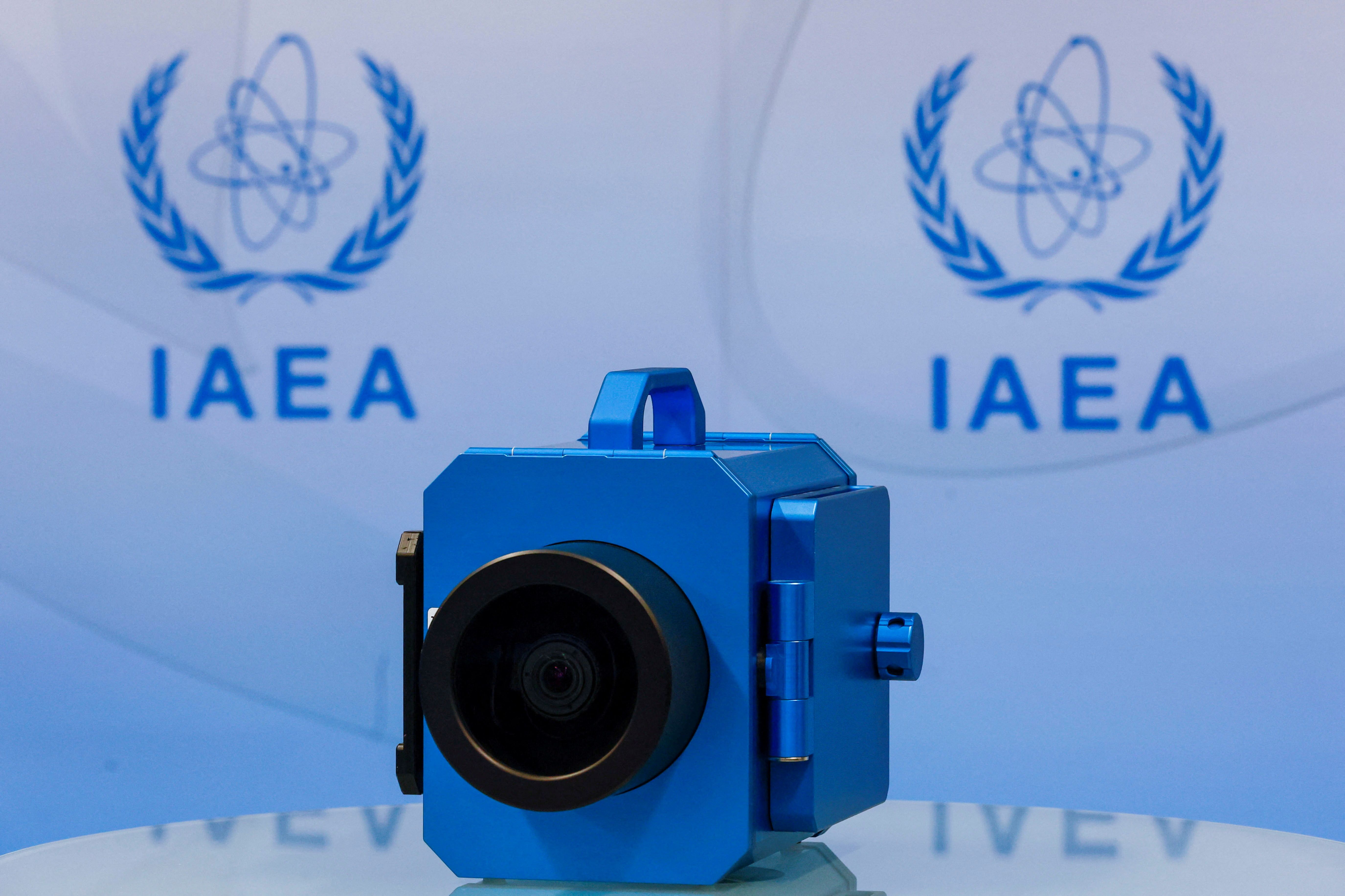 A surveillance camera is displayed during a news conference about developments related to the IAEA's monitoring and verification work in Iran, in Vienna, Austria June 9, 2022.
