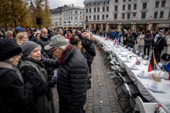 A Shabbat table for more than 200 hostages trapped in Gaza is set up with a place for each of the hostages in Copenhagen, Denmark, October 27, 2023.