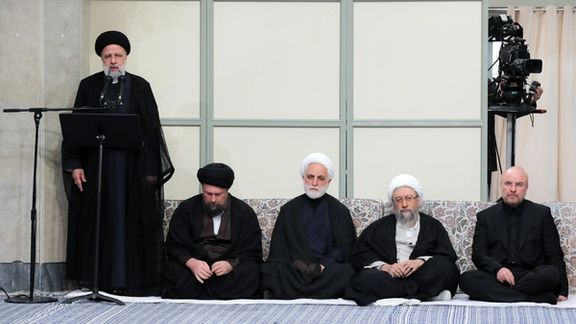 (From left) Iran’s President Ebrahim Raisi; Hassan Khomeini, the grandson of the founder of the Islamic Republic; Chief Justice Gholam-Hossein Mohseni-Ejei, Expediency Discernment Council Chairman Sadeq Amoli Larijani; and Parliament Speaker Mohammad-Bagher Ghalibaf during a meeting with Iran’s ruler Ali Khamenei (April 2024)
