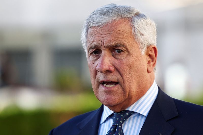 Italian Minister of Foreign Affairs Antonio Tajani speaks to the media after visiting Gemelli hospital with Palestinian Foreign Minister Varsen Aghabekian Shahin (not pictured), in Rome, Italy, September 1, 2025. REUTERS