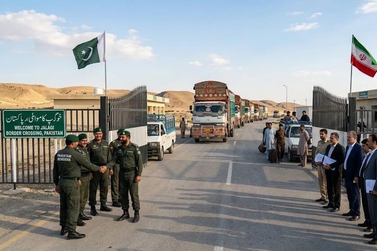 Pakistani border guards and officials gather at the Jalgai border crossing between Pakistan and Iran, with cargo trucks lined up in the background.