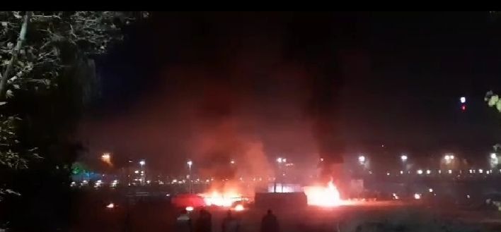 Security forces set fire to the tents of protesters in Esfahan, Iran. November 25, 2021