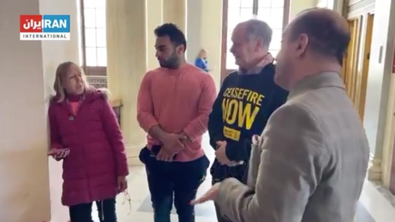 Iran International's correspondent in Washington DC Arash Alaei and Codepink’s co-founder Medea Benjamin (March 21, 2024)