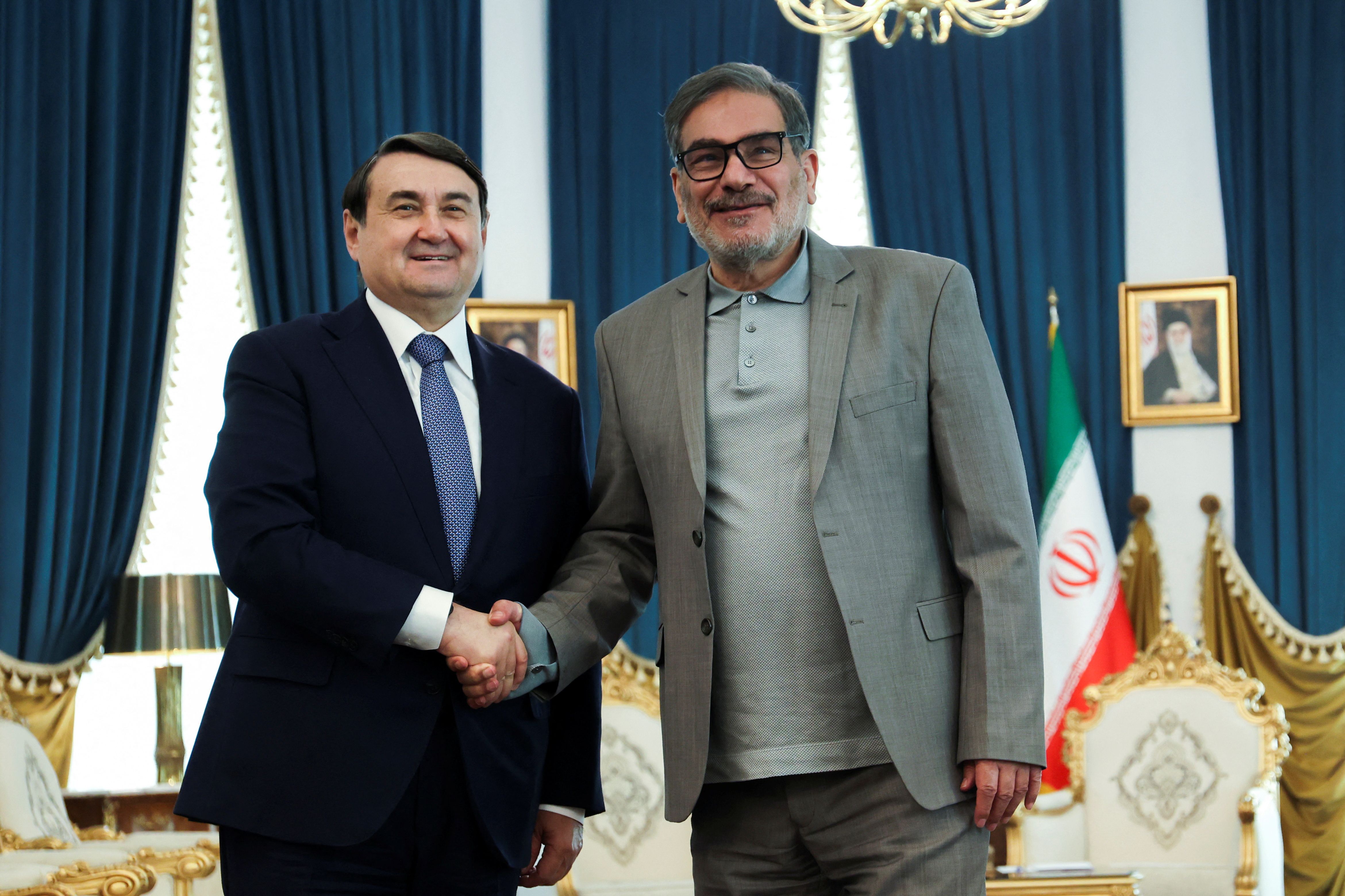 Iran's Secretary of the Supreme National Security Council Ali Shamkhani meets with Russia's Presidential Aide Igor Levitin in Tehran, Iran, April 9, 2023. 