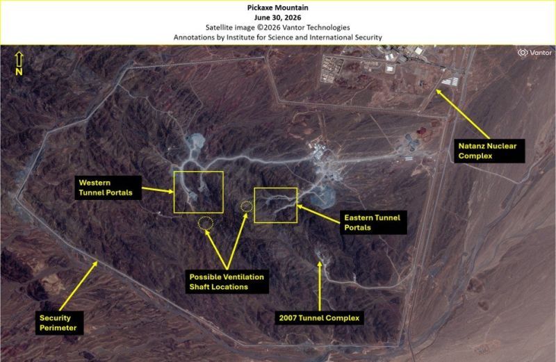 A June 30, 2026, Vantor Technologies image overview of Pickaxe Mountain.  (The Institute for Science and International Security) 