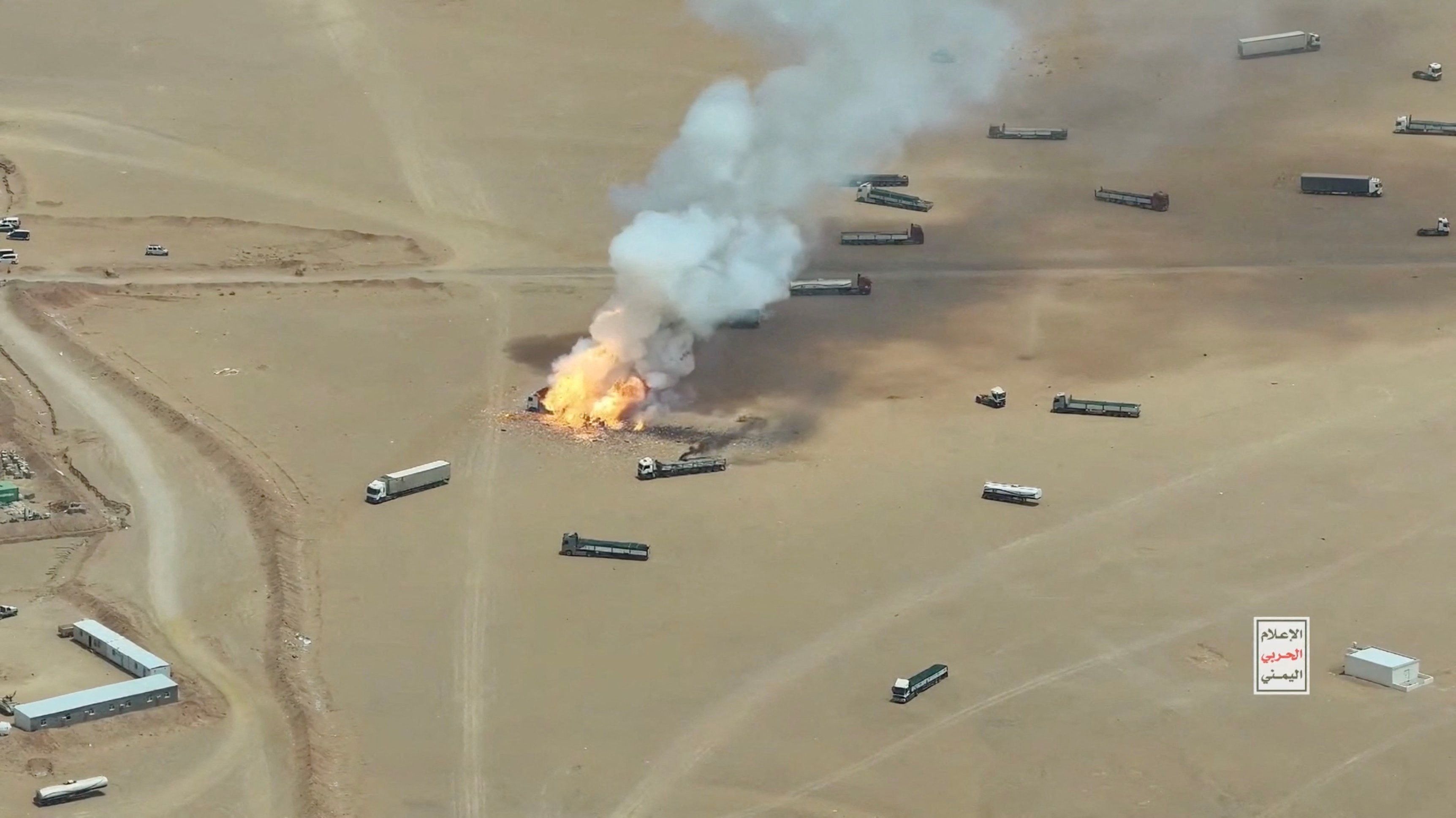 Smoke rises from a burning truck during what the Houthis say was an attack targeting trucks coming from Saudi territory, at Al-Wadiah border crossing near Al-Wadiah, on the Saudi-Yemen border, in this still image obtained from a handout video released September 7, 2026.